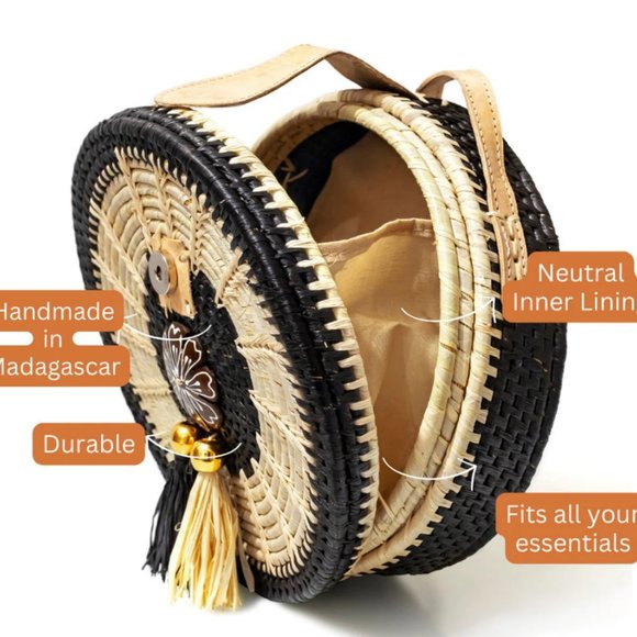 Brand New Handwoven Round Rattan Bag Shoulder Leather Straps Boho Chic - Picture 9 of 9